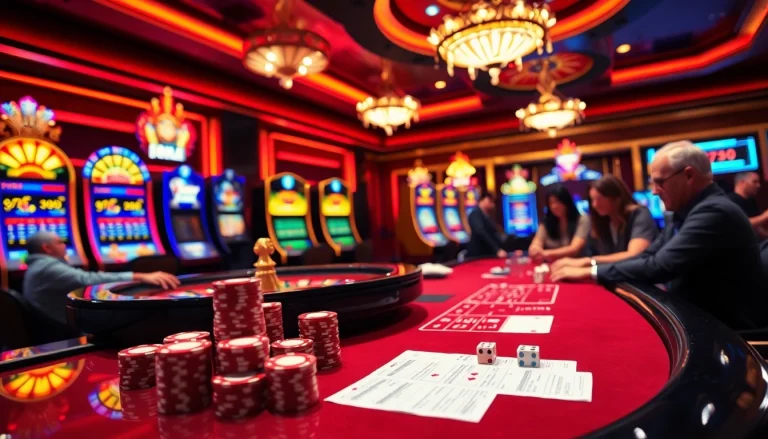 Exciting casino atmosphere featuring gambling tables, chips, and players at 789 win.
