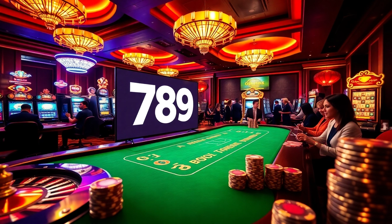 Experience an exciting gaming atmosphere at 789CLUB, featuring vibrant casino elements like poker tables and roulette wheels.
