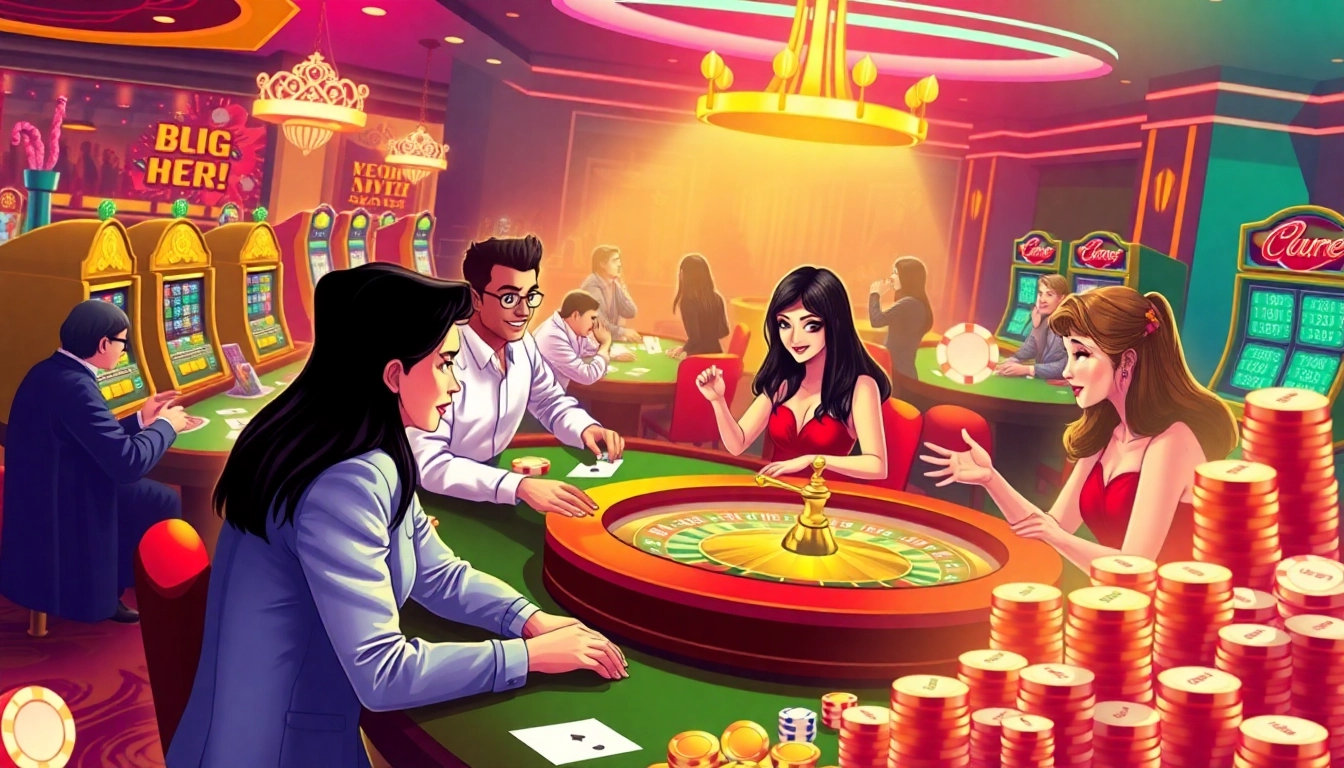 Players enjoying thrilling games at lu88 casino, showcasing vibrant casino elements and excitement.