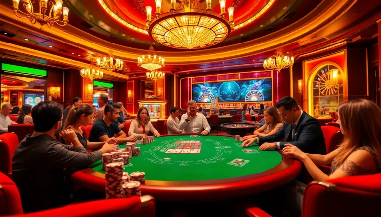 Exciting poker action at a luxurious casino, capturing the thrill of gambling with 555win gaming elements.