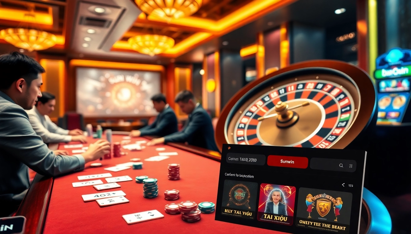 Players enjoying thrilling games at sunwin casino, featuring poker tables and colorful chips.