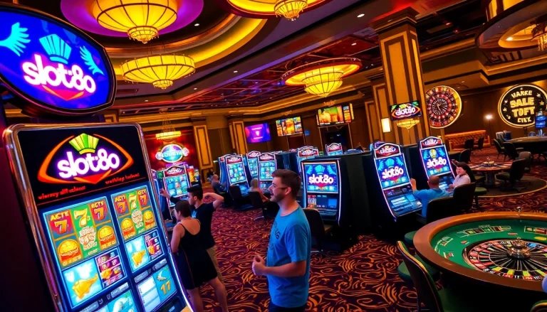 Slot88 players engaging with vibrant machines on a luxurious casino floor.